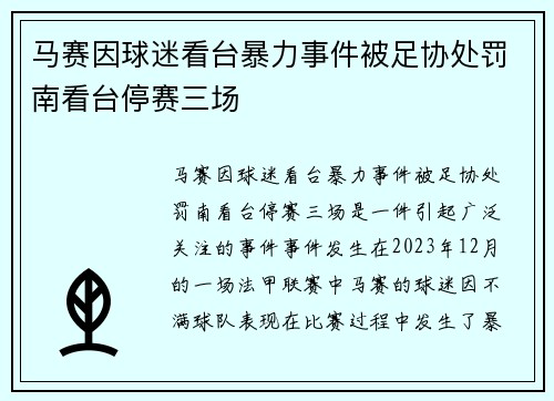 马赛因球迷看台暴力事件被足协处罚南看台停赛三场